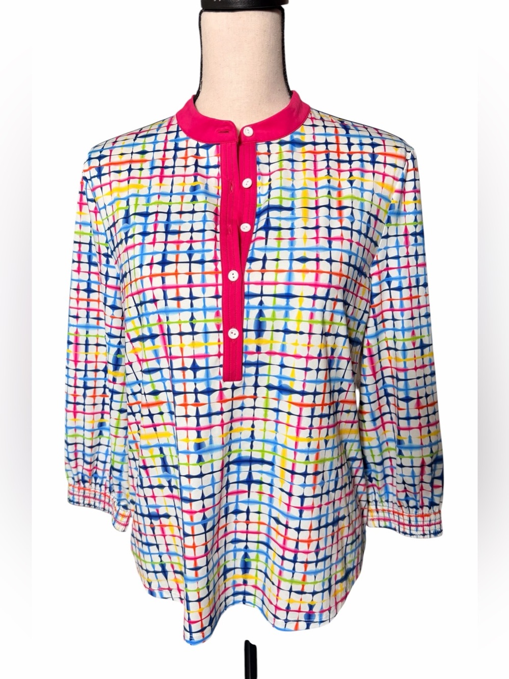 Kinona "Blurred Lines" Swing Easy 3/4 Multi Color Sleeve Golf Top Size Small